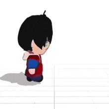 a 3d model of a chibi boy with black hair and green eyes is walking on a tiled floor .