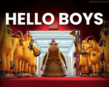 a group of cartoon characters are standing in a hallway with the words hello boys written above them