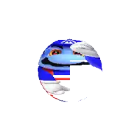 a blue and red ball with a face on it is on a white background