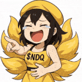 a girl with a yellow apron that says $ ndq
