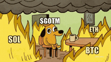 a cartoon of a dog sitting at a table with the words $ gotm sol and eth
