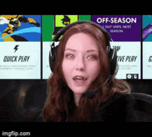 a woman wearing headphones and a microphone with the words quick play on the screen