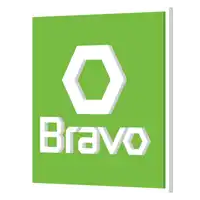 a green square with a white hexagon and the word bravo