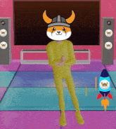 a cartoon character wearing a yellow suit and a helmet with horns