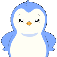 a blue and white penguin with an angry look on his face