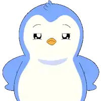 a blue and white penguin with an angry look on his face