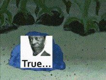 a picture of a man in a blue hat with the word true on it