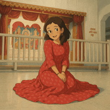 a woman in a red dress is kneeling in front of a fence with a sign that says ' javaka '