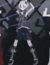 two anime characters are dancing in front of a wall with a shadow on it .