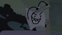 a cartoon drawing of a pillow with a knife on its head