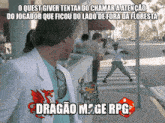 a man in a white suit is standing on a sidewalk in front of a sign that says " dragao mage rpg "
