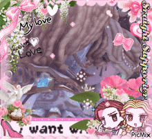 a picture of a tree with the words my love love and i want written on it