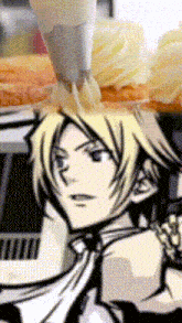 a cartoon character with blonde hair and green eyes