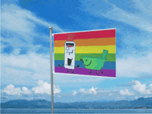 a rainbow flag with a picture of a bathtub and a soap dispenser on it