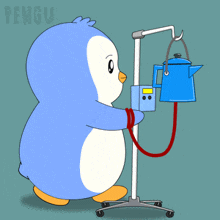a penguin is holding a blue kettle on a stand with the word pengu on the bottom right