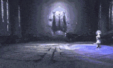 a girl is standing in a dark room with a labyrinth