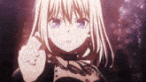 a girl with white hair and blue eyes is pointing her finger at something
