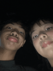 a man and a woman are posing for a picture together in the dark