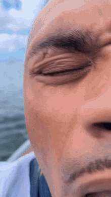 a close up of a man 's face with his eyes open