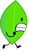 a green leaf with arms and legs and a black nose and mouth