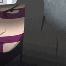 a close up of a person 's face with a purple band around their face