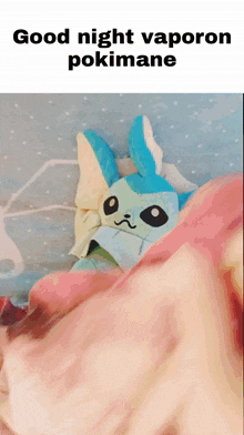 a picture of a stuffed animal with the words good night vaporon pokimane