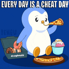 a penguin eating a slice of pizza next to a box of donuts and ice cream