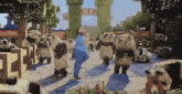 a man in a blue shirt is surrounded by pandas