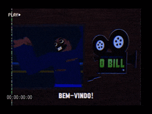 a cartoon character is standing in front of a camera that says o bill on it