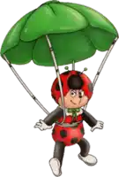 a ladybug is holding a green parachute over its head