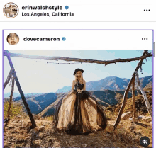 a picture of a woman in a black and gold dress with the name dove cameron on the bottom