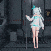 a girl with white hair is standing on a pole in a room