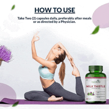 a woman is doing yoga next to a bottle of milk thistle
