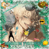 a picture of a man with a spoon in his mouth and the words mimimm yummers on the bottom