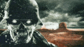 a skull wearing a helmet stands in front of a desert scene