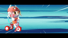 a cartoon character is riding a tricycle with a helmet on