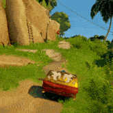 a cartoon car is driving down a dirt road .