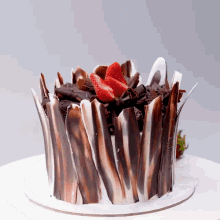 a chocolate cake with strawberries on top and chocolate shavings