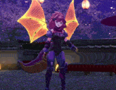 a girl in a dragon costume stands in front of a lantern