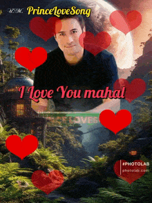 a picture of a man surrounded by red hearts that says prince love song