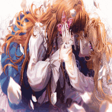 two anime girls are hugging each other with petals flying around them