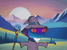 a cartoon of a lizard wearing a wizard hat and holding a wand with the letter s on it