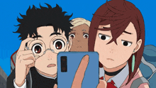three anime characters are looking at a cell phone together