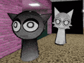 two cartoon cats are standing next to each other in a room