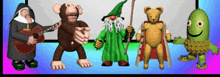 a group of cartoon characters including a nun a monkey a wizard a teddy bear and a green alien