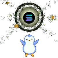 a cartoon penguin is standing in front of a circle with the letter s in the center