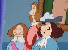 three cartoon characters are standing next to each other and one is wearing a hat