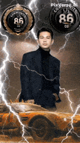 a man in a suit stands in front of a car with lightning behind him