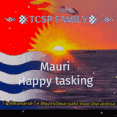 a mauri happy tasking greeting card with a sunset in the background