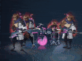 a group of animals are playing instruments including a pink drum set